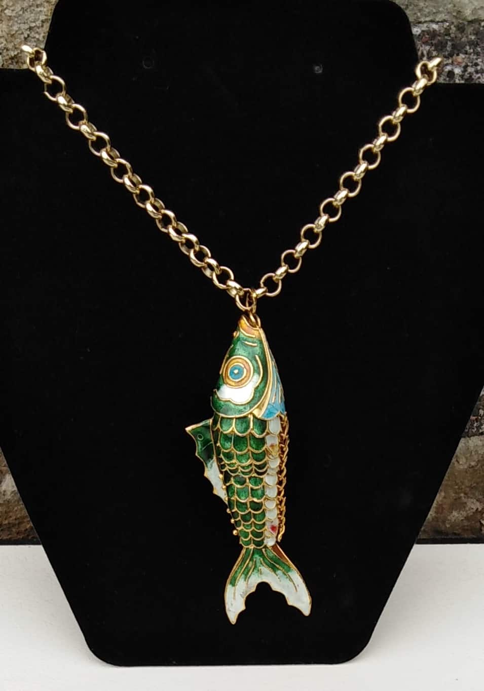 Oversized Vintage 1970s Articulated Cloisonné Fish Statement Necklace | Huge 4” Koi Pendant, 18” Heavy Gold Plated Chain